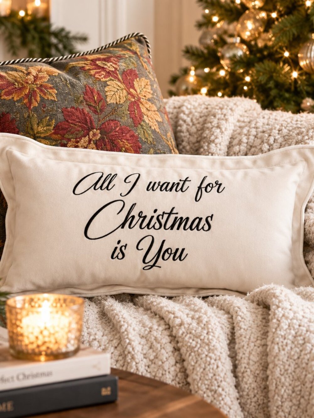 “All I Want for Christmas Is You” Embroidered Lumbar Pillow – Made in Canada